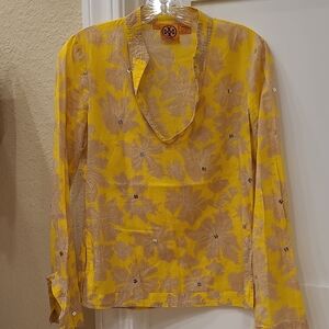 Tory Burch Yellow and Tan Floral Tunic Blouse